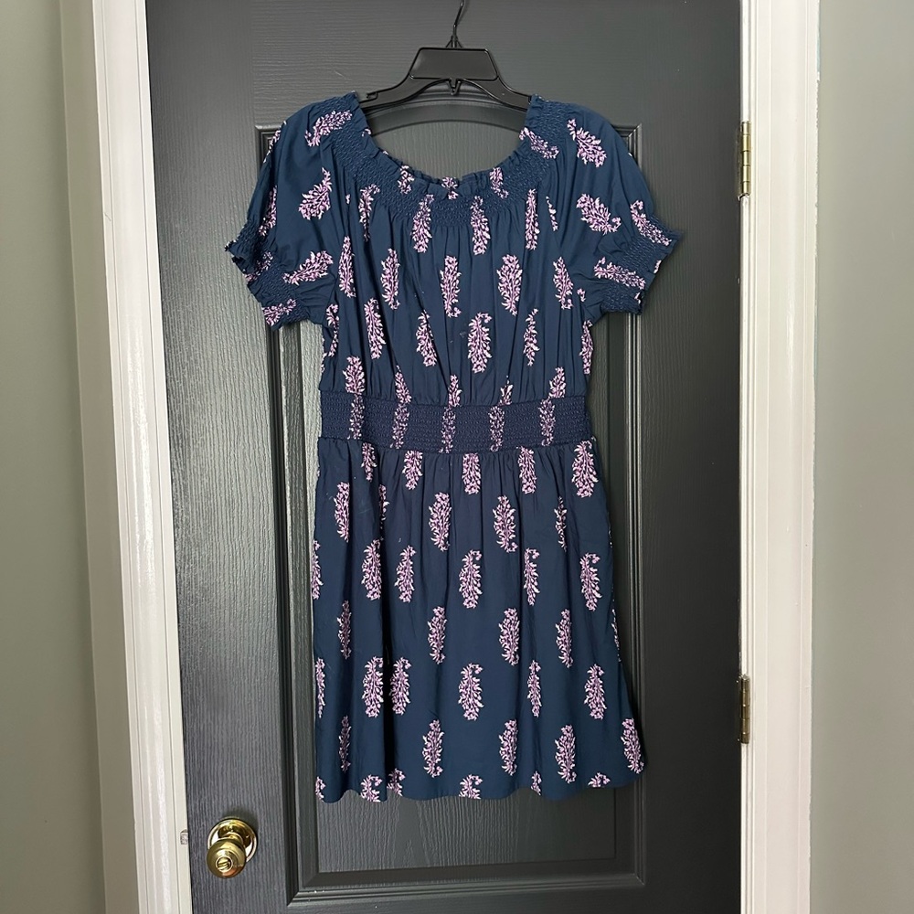 J.Crew Smocked Waist and Neck Navy Blue Dress with Pink Block Floral Pattern
